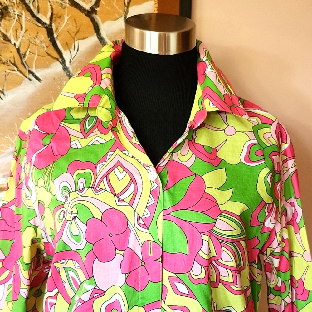 Pappagallo pink green button down blouse women's medium